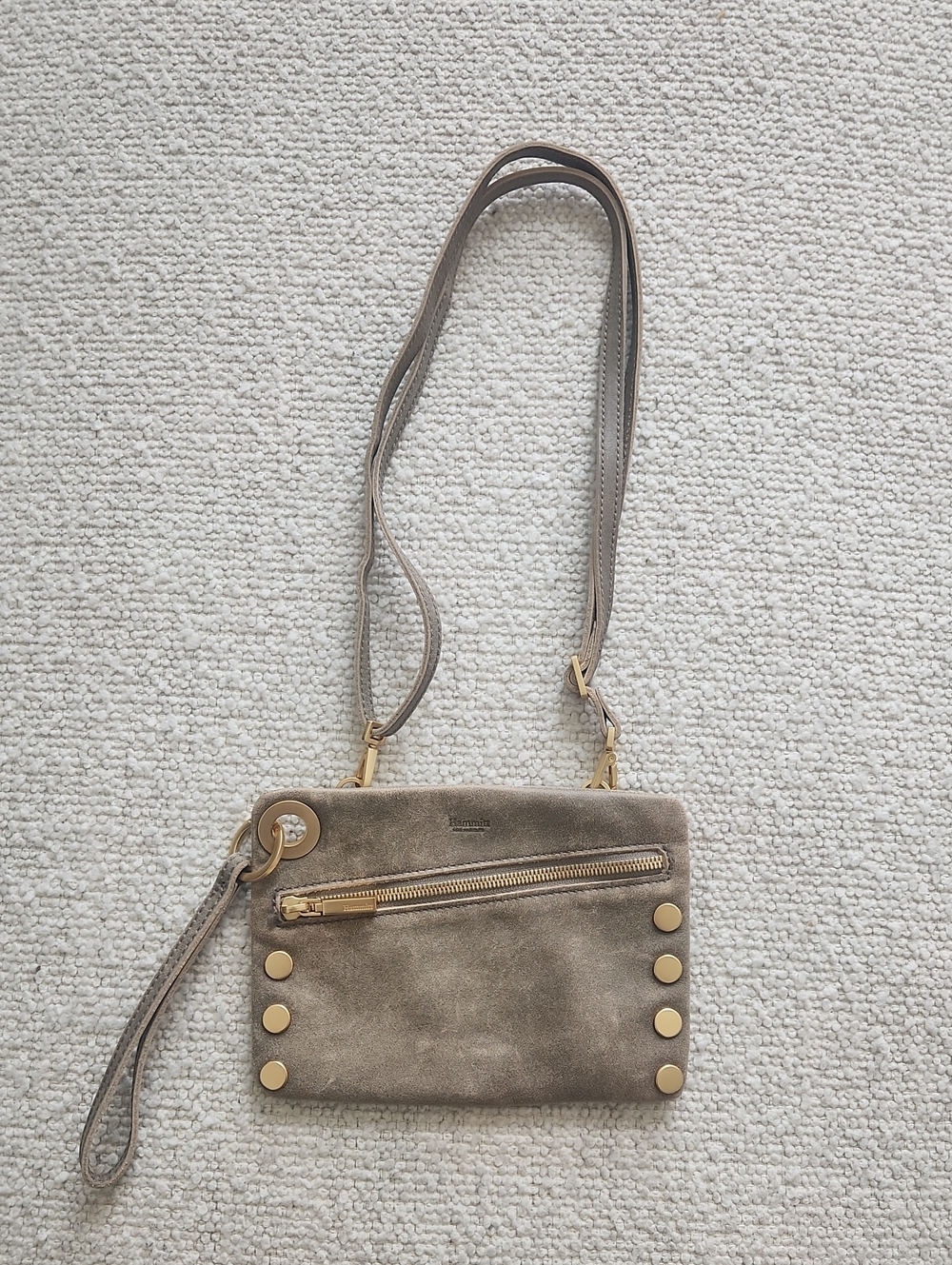Hammitt "Nash" Taupe Suede Crossbody Bag with Gold Accents